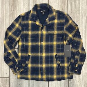Boys Nordstrom Navy and Yellow Flannel Plaid Jersey Lined Shirt Jacket